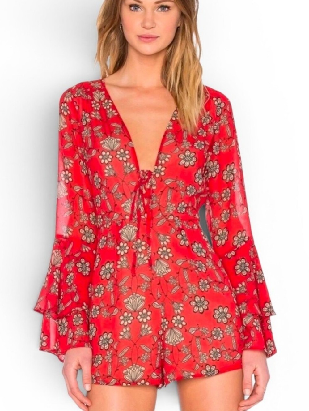 NWOT FOR LOVE & LEMONS X REVOLVE Pia Red Floral Bell Sleeve Romper - Small